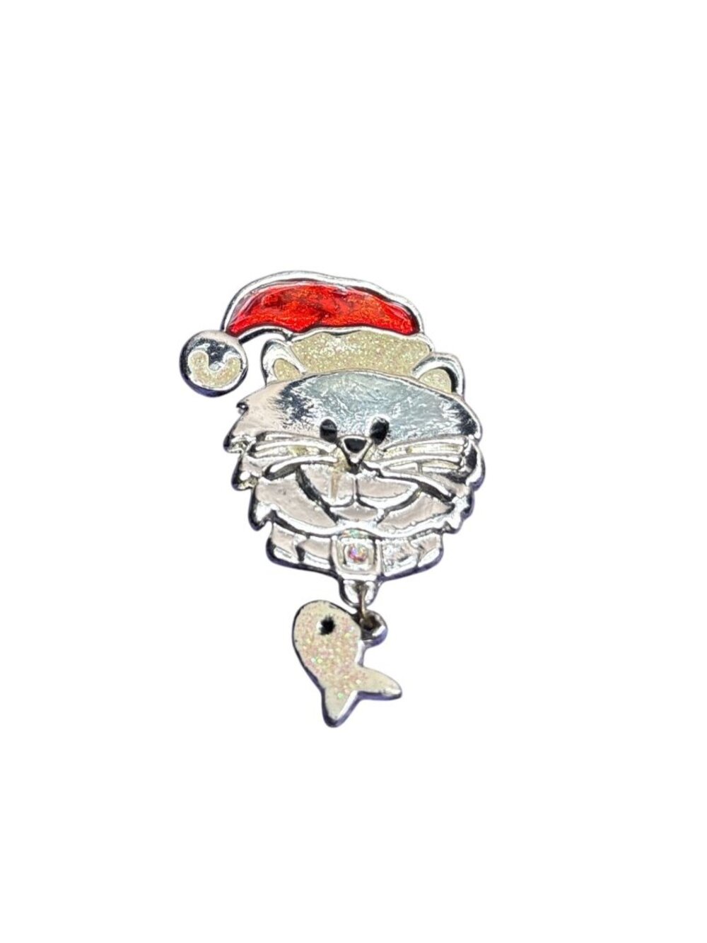 Vtg Cat Christmas Brooch Pin Silvertone Red Cream Glitter Enamel Santa Hat Fish